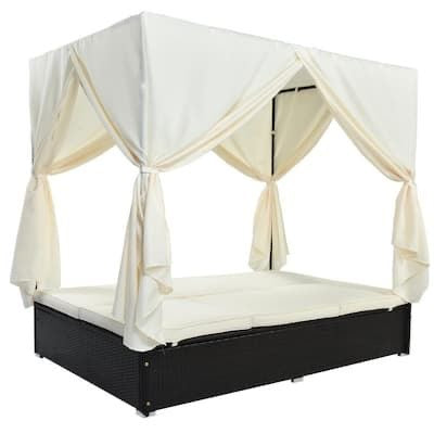 Luxurious Rattan Lounge Bed with Curtains – Outdoor Comfort