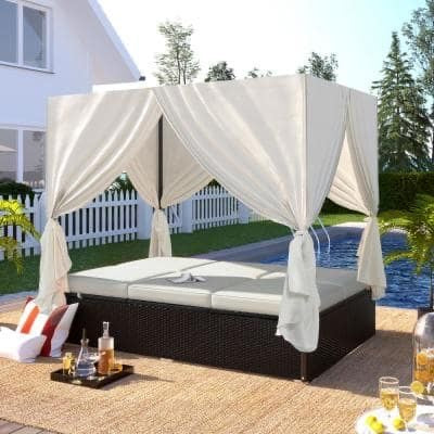 Luxurious Rattan Lounge Bed with Curtains – Outdoor Comfort