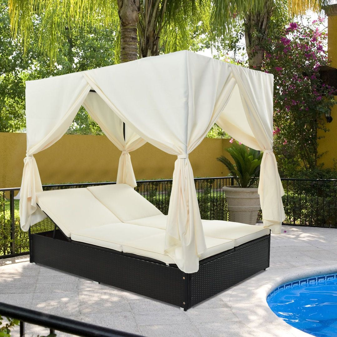 Luxurious Rattan Lounge Bed with Curtains – Outdoor Comfort
