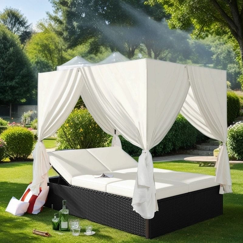 Luxurious Rattan Lounge Bed with Curtains – Outdoor Comfort