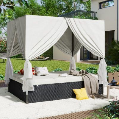 Luxurious Rattan Lounge Bed with Curtains – Outdoor Comfort