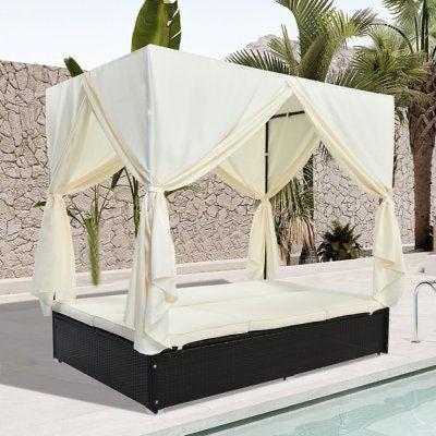 Luxurious Rattan Lounge Bed with Curtains – Outdoor Comfort