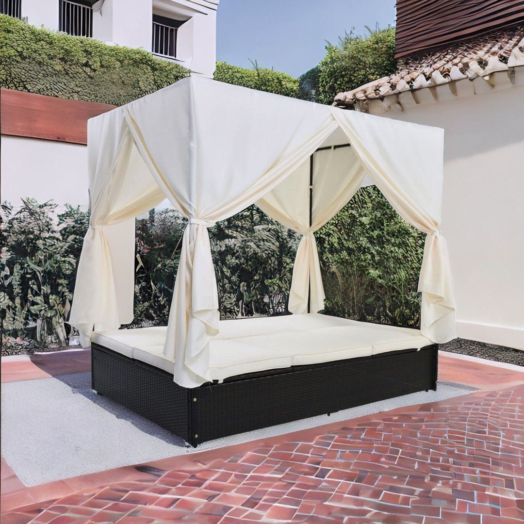 Luxurious Rattan Lounge Bed with Curtains – Outdoor Comfort
