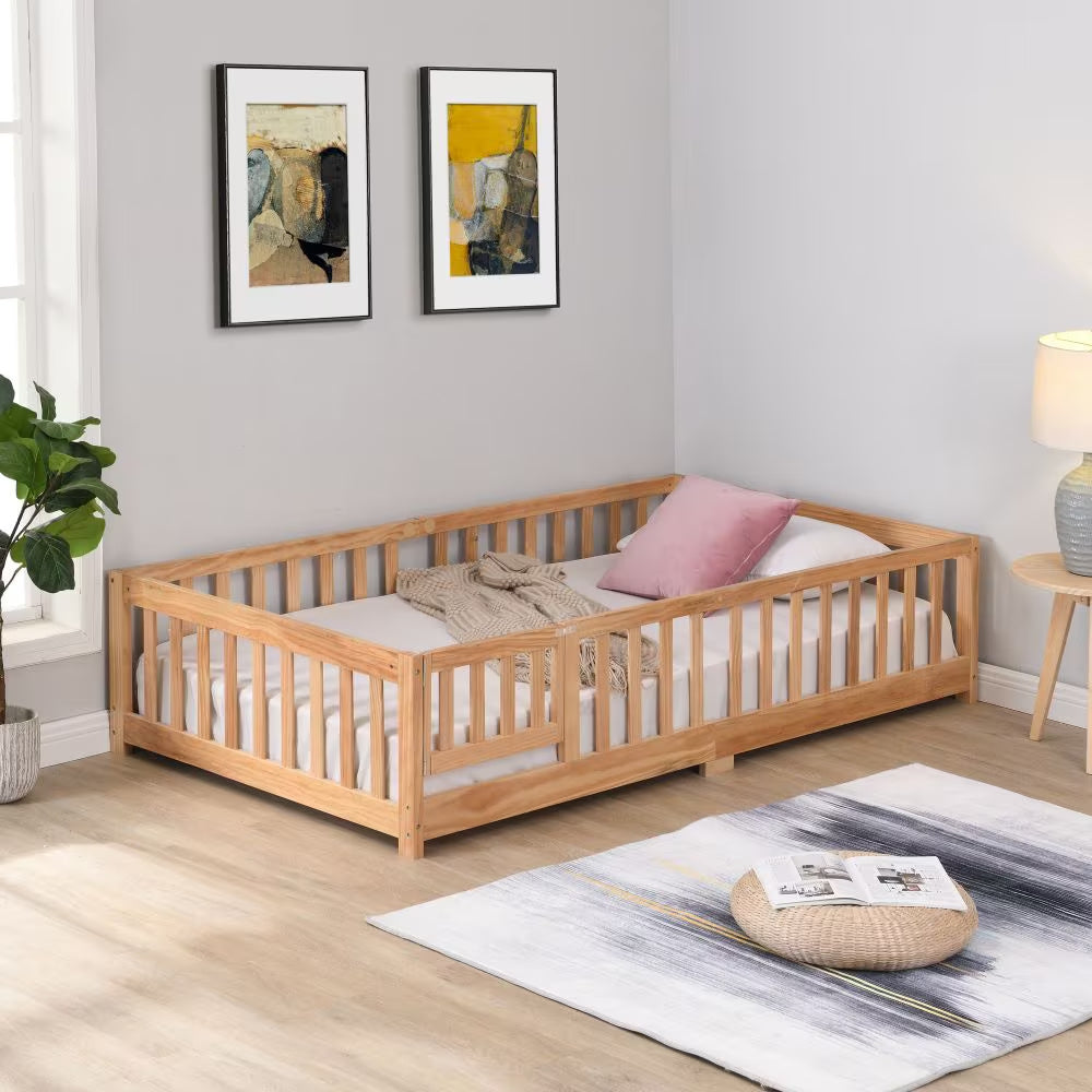 "Wooden Fence Twin Floor Bed – Pine Frame for Kids"