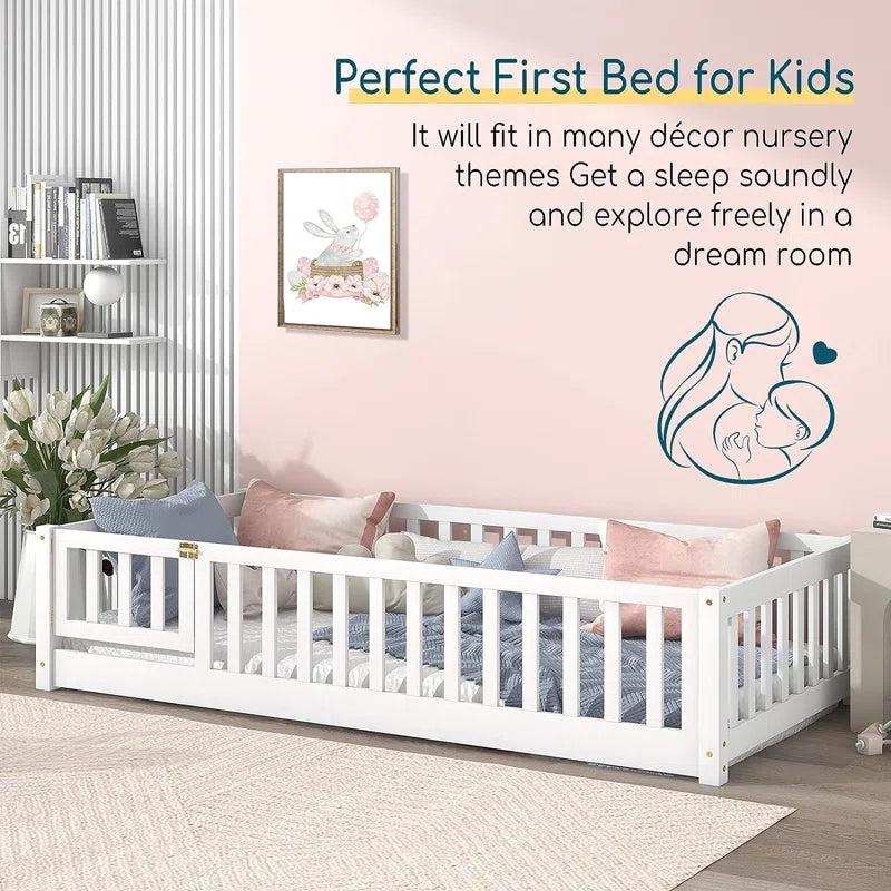 "Wooden Fence Twin Floor Bed – Pine Frame for Kids"