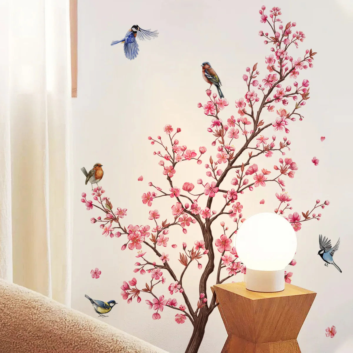 "Plum Blossom Wall Stickers – Charming Pink Birds Decor!"