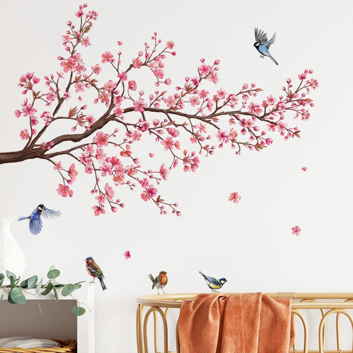 "Plum Blossom Wall Stickers – Charming Pink Birds Decor!"