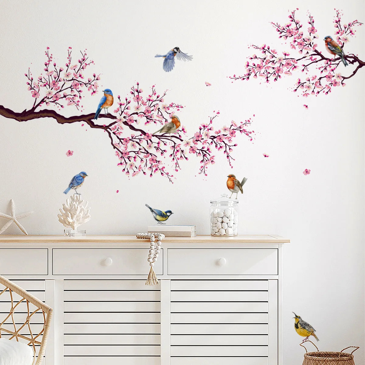 "Plum Blossom Wall Stickers – Charming Pink Birds Decor!"