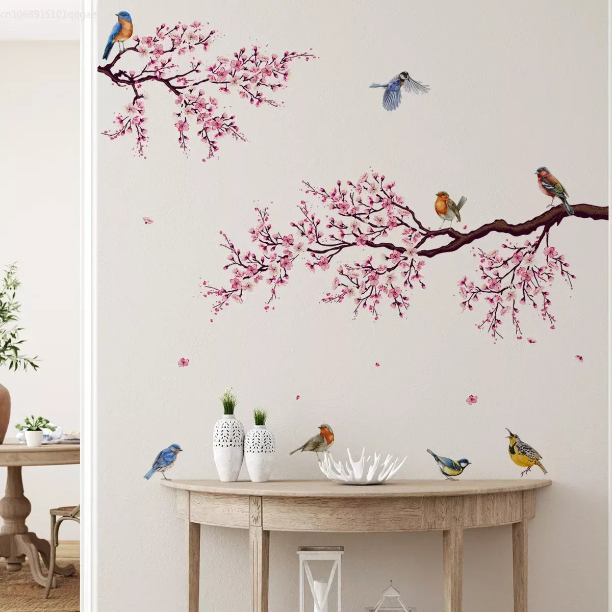 "Plum Blossom Wall Stickers – Charming Pink Birds Decor!"