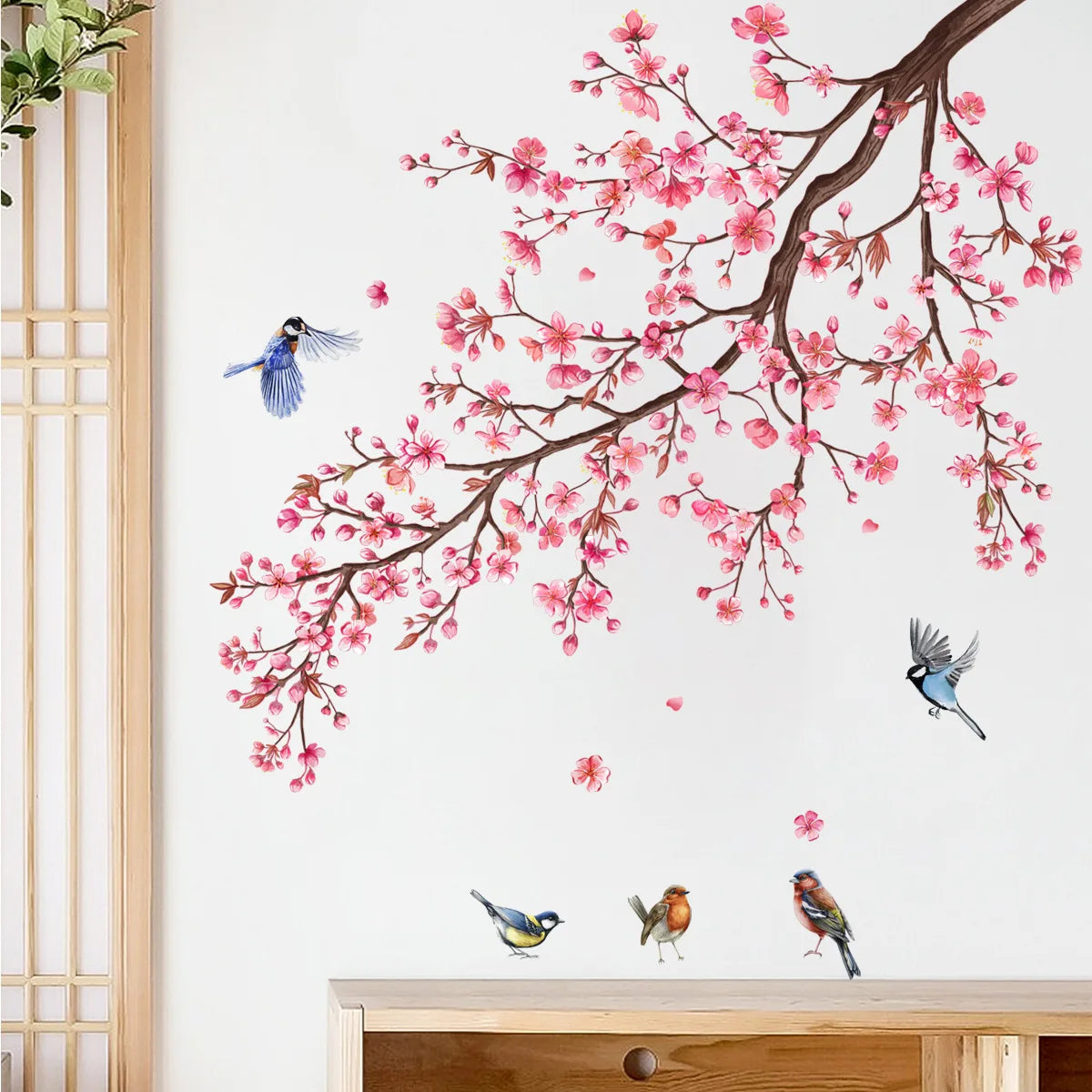 "Plum Blossom Wall Stickers – Charming Pink Birds Decor!"