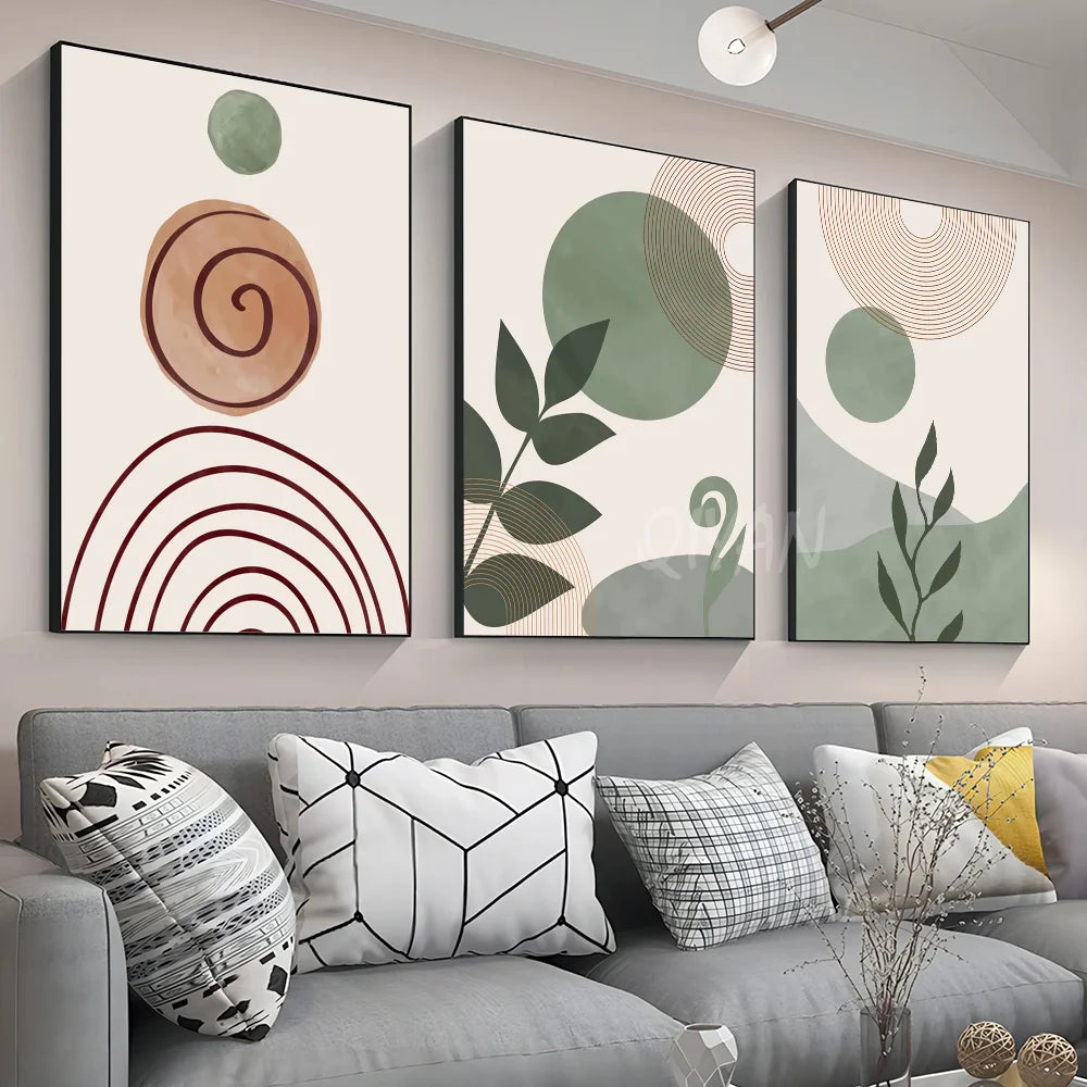 Boho Abstract Sun and Leaves Wall Art