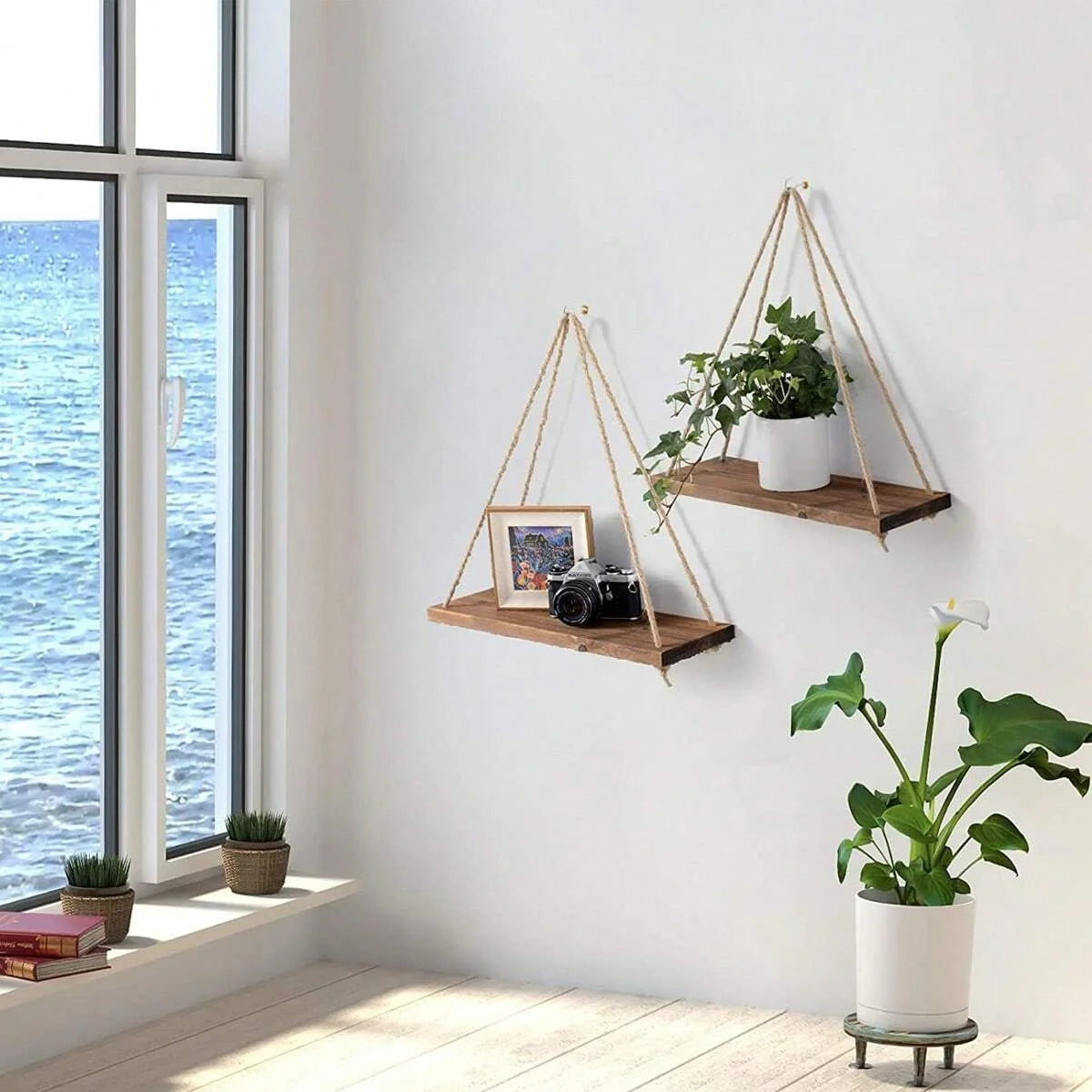 "Swing Shelf –Wooden Plant Holder with Hemp Rope!"