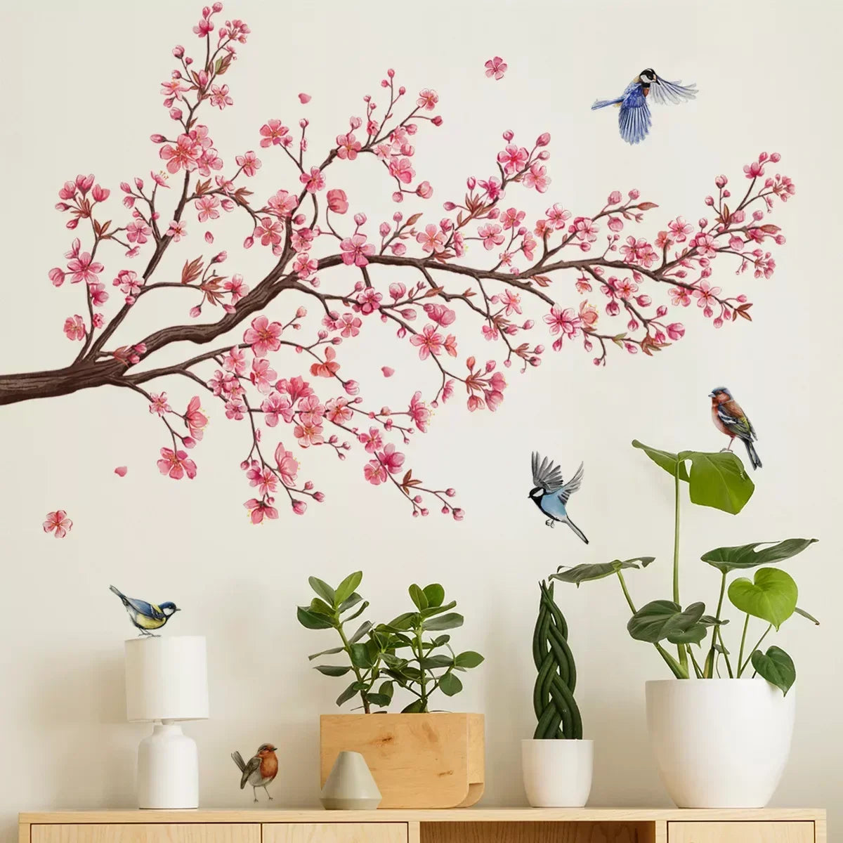 "Plum Blossom Wall Stickers – Charming Pink Birds Decor!"